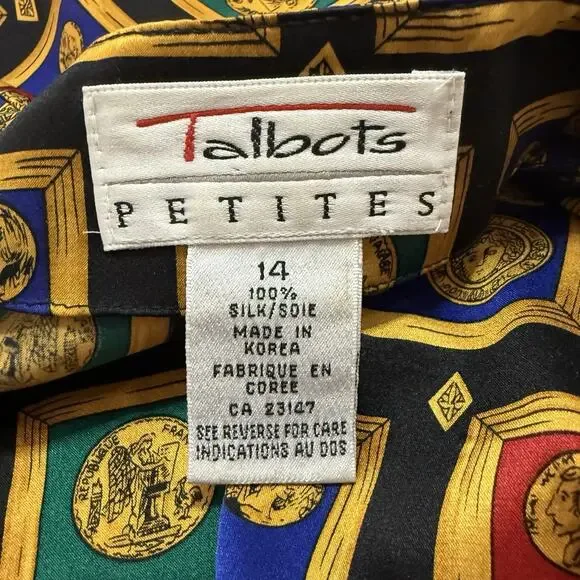 Vintage Talbots Petites Silk Blouse Size 14P Novelty Money Print French Cuffs - Picture 9 of 11